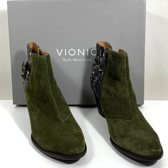 VIONIC Upright Suede Naomi Snake Olive Ankle Booties Heels Womens Size 10 w/ Box - Picture 1 of 7